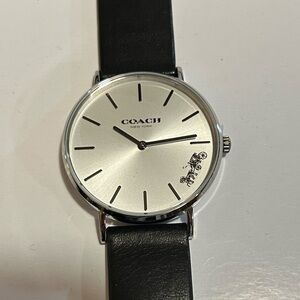 Coach Perry Watch With 36mm Silver Face & Black Leather Band.